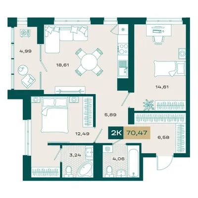 План 2-комнатная • 69,28 м² • 18 этаж