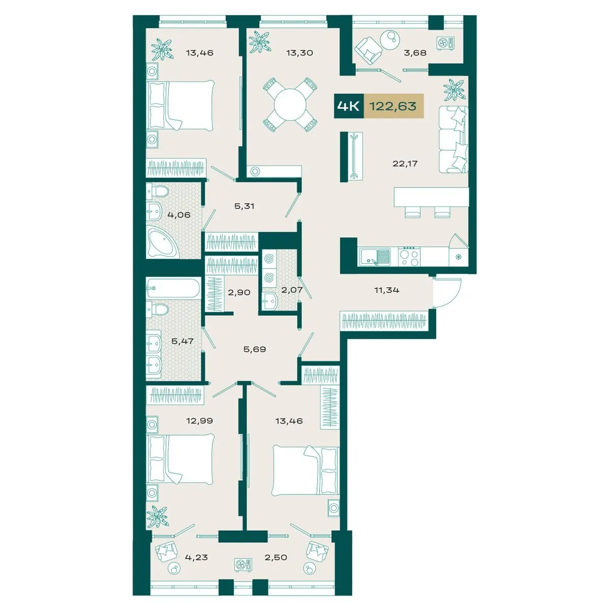 Планировка — 4-комнатная, 125 м²