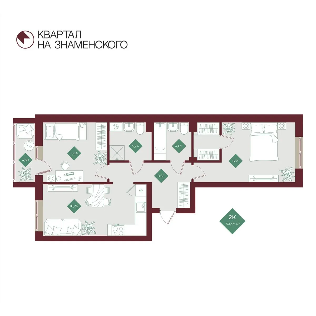 Планировка — 2-комнатная, 74.59 м²