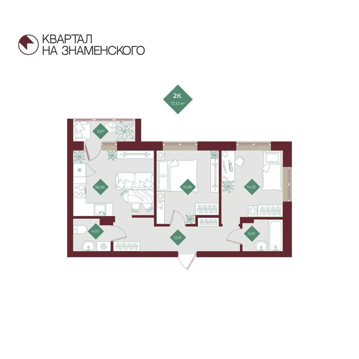 Планировка — 2-комнатная, 72.12 м²