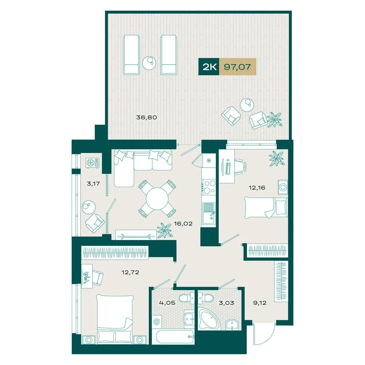 Планировка — 2-комнатная, 98.01 м²