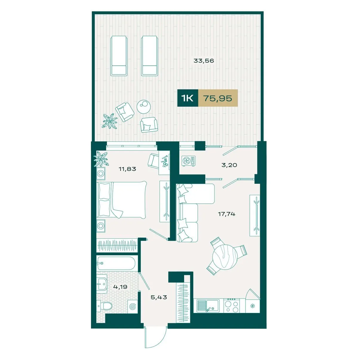 Планировка — 1-комнатная, 76.84 м²