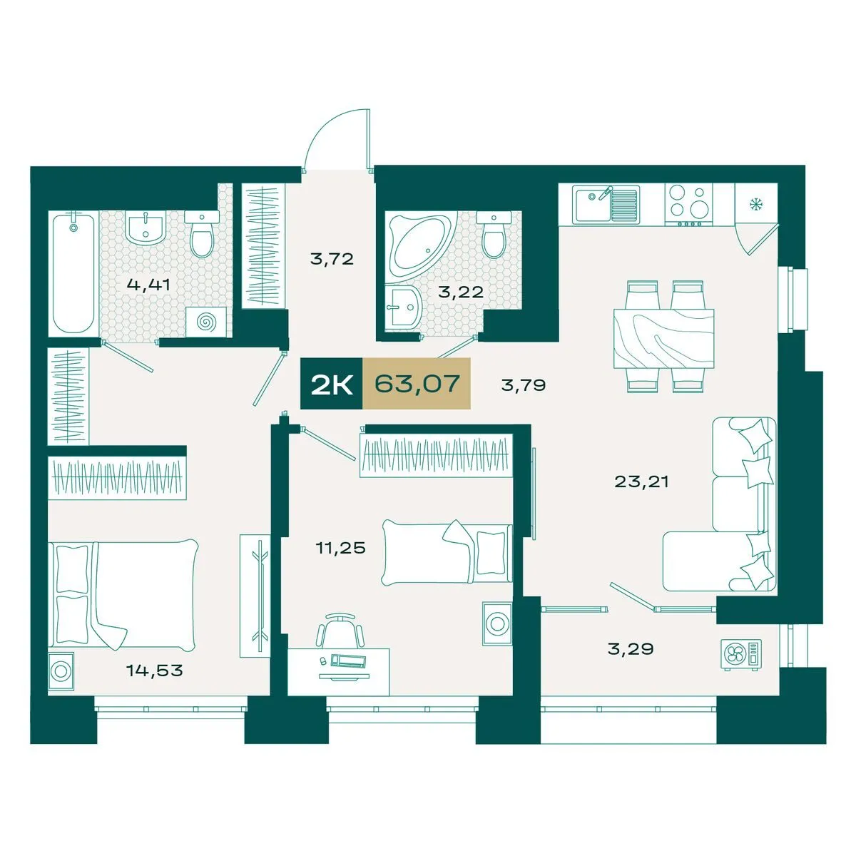 Планировка — 2-комнатная, 62.45 м²