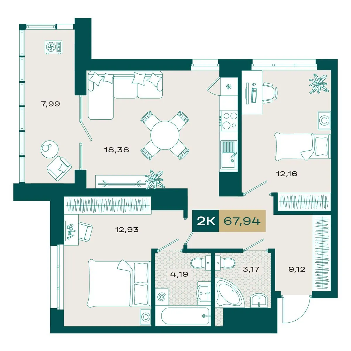 Планировка — 2-комнатная, 66.62 м²