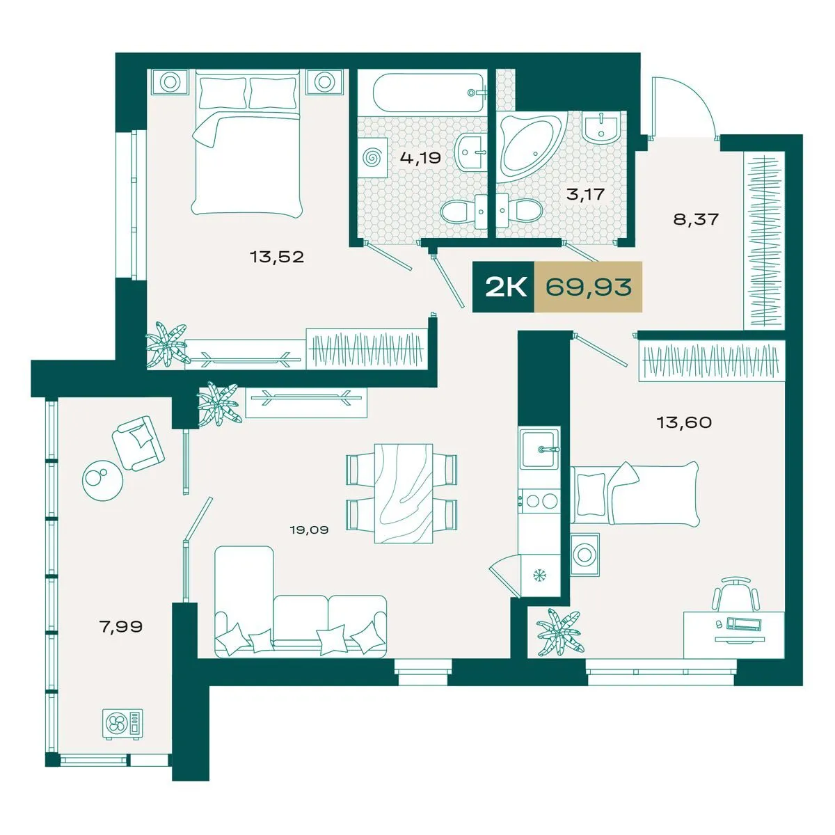 Планировка — 2-комнатная, 68.59 м²