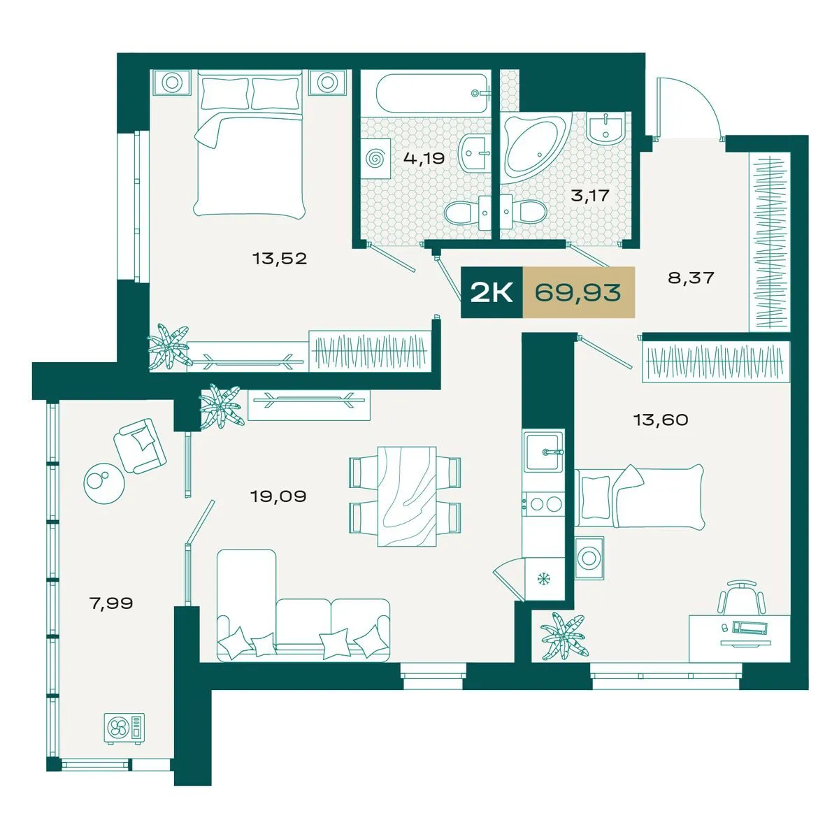 Планировка — 2-комнатная, 68.59 м²