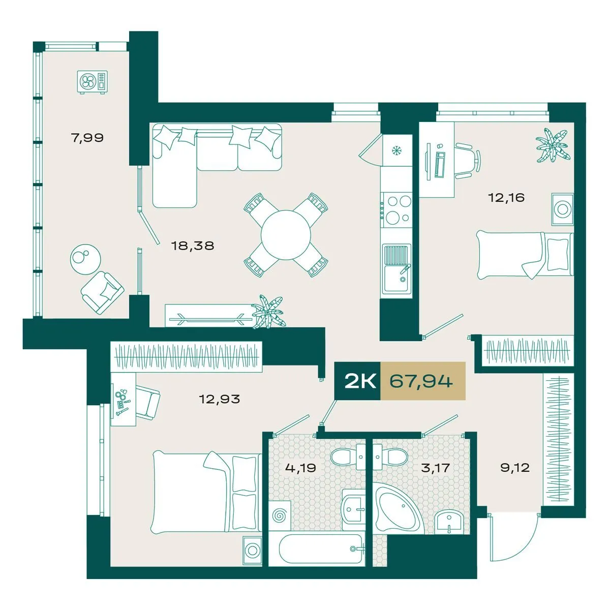 Планировка — 2-комнатная, 66.6 м²
