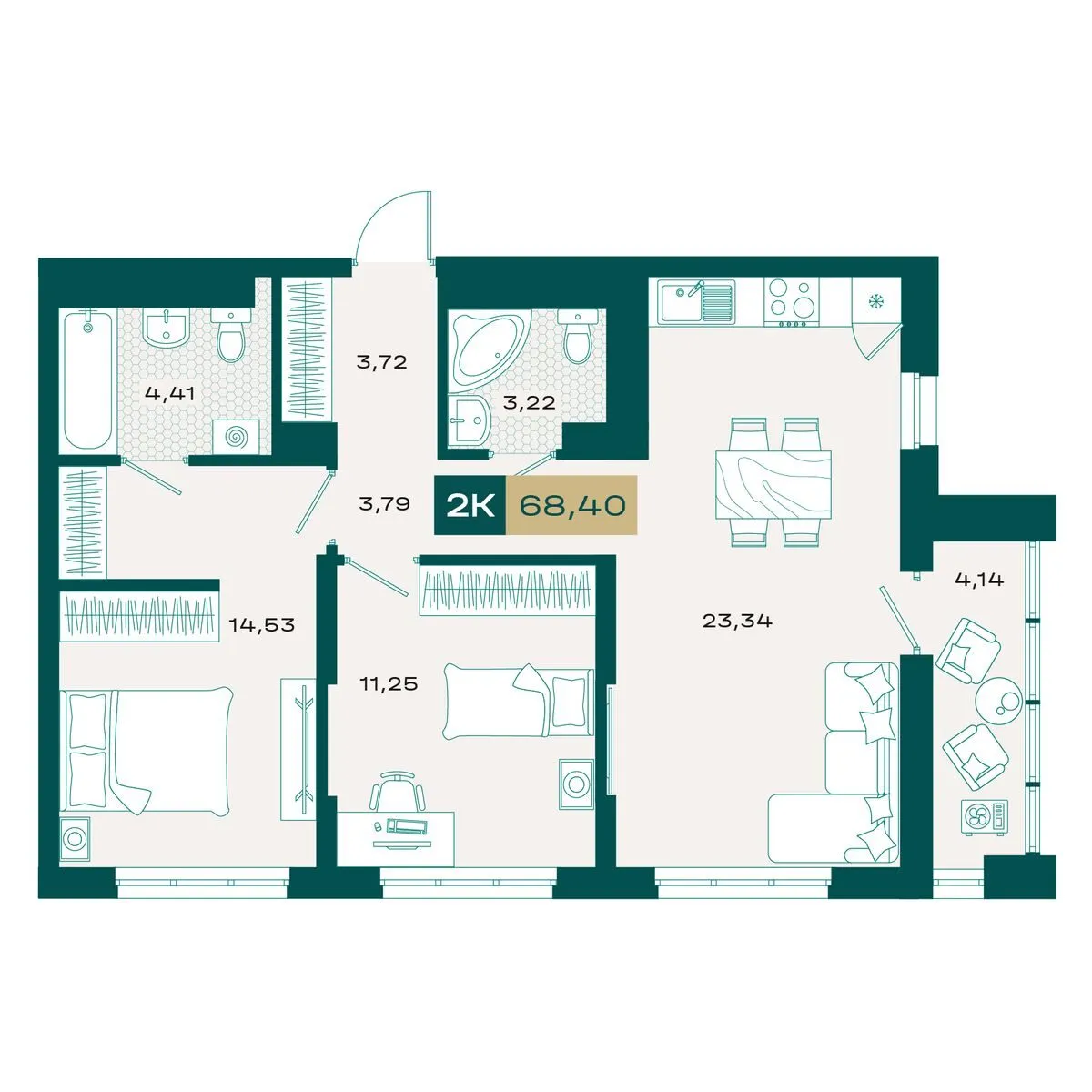 Планировка — 2-комнатная, 67.44 м²