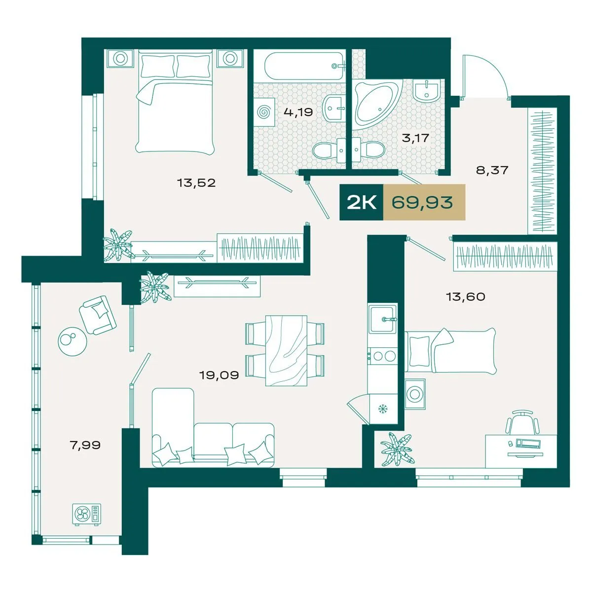 Планировка — 2-комнатная, 68.59 м²