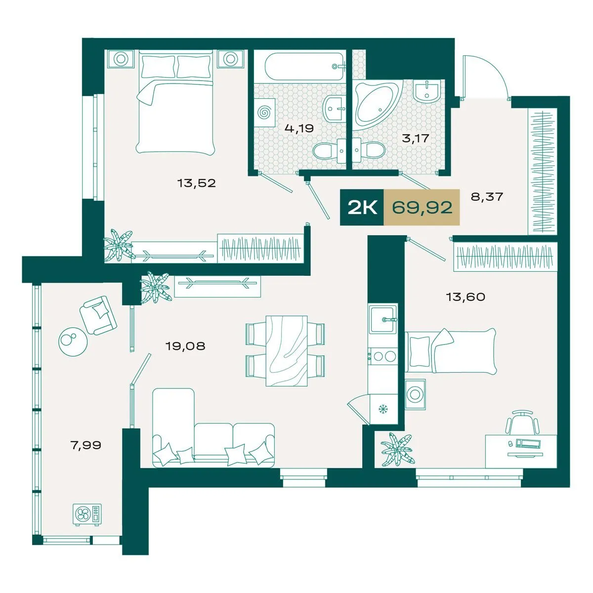 Планировка — 2-комнатная, 68.63 м²