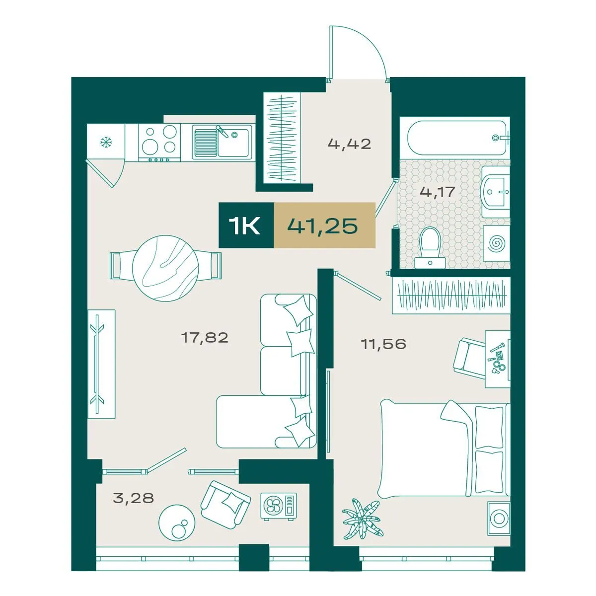 Планировка — 1-комнатная, 40.48 м²