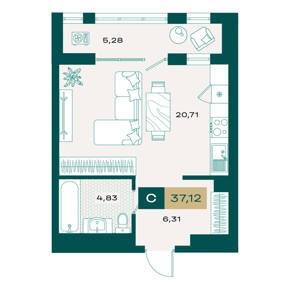 Планировка — Студия, 35.86 м²