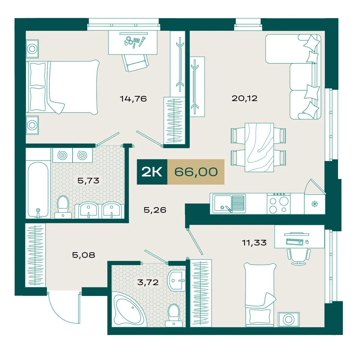 Планировка — 2-комнатная, 65.89 м²