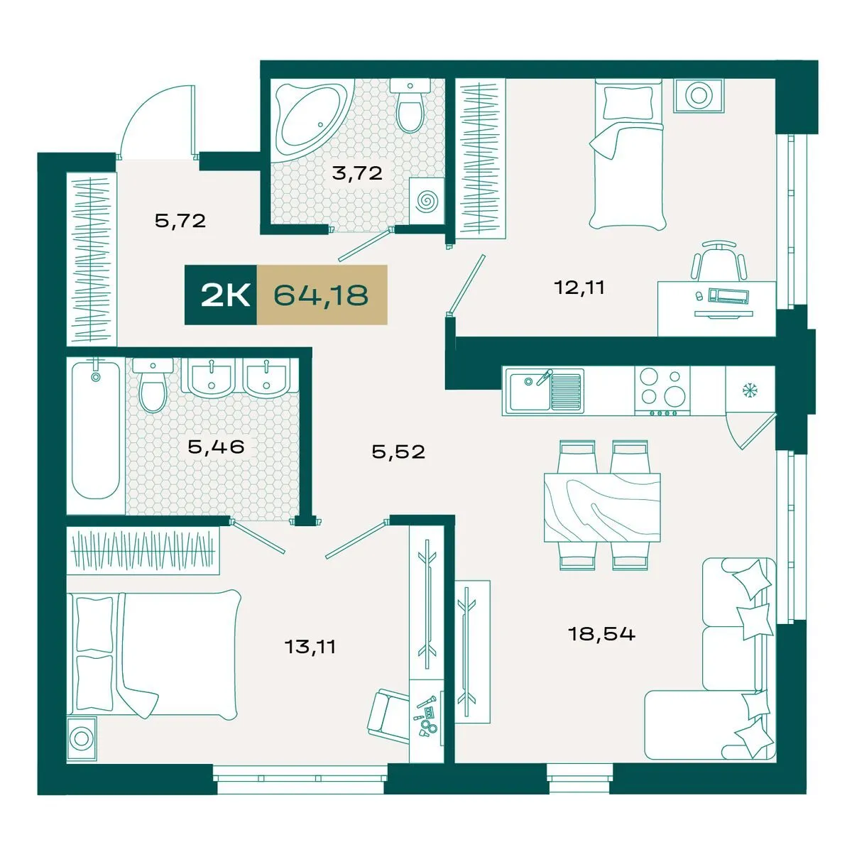 Планировка — 2-комнатная, 64.09 м²