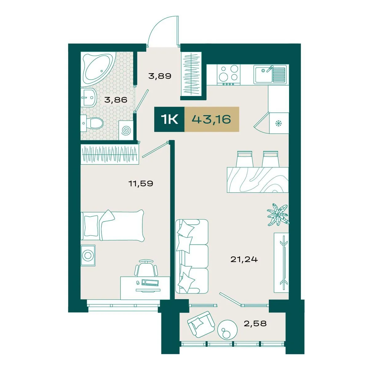 Планировка — 1-комнатная, 43.47 м²
