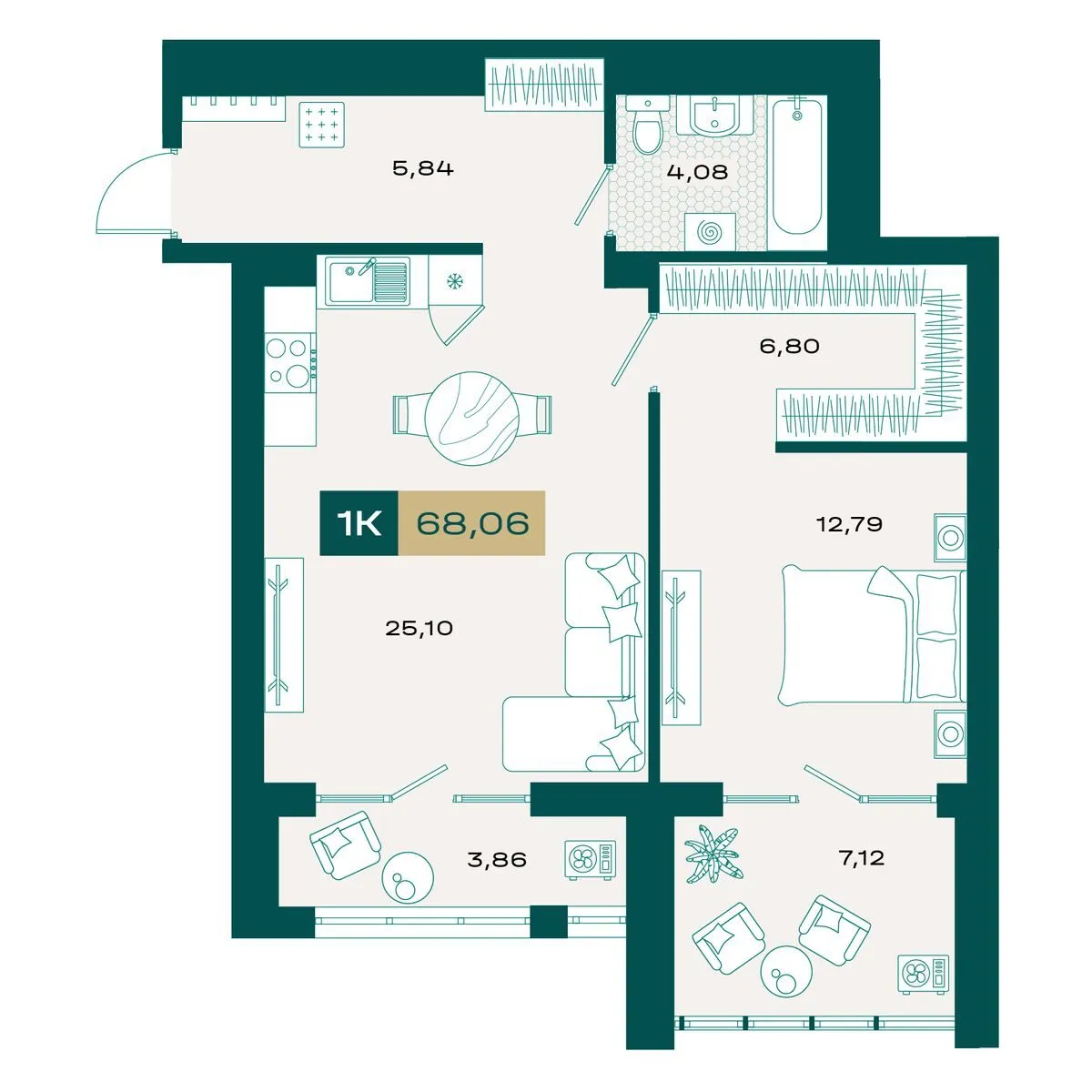 Планировка — 1-комнатная, 66.88 м²