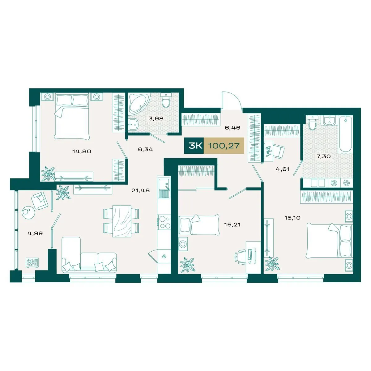 Планировка — 3-комнатная, 98.66 м²