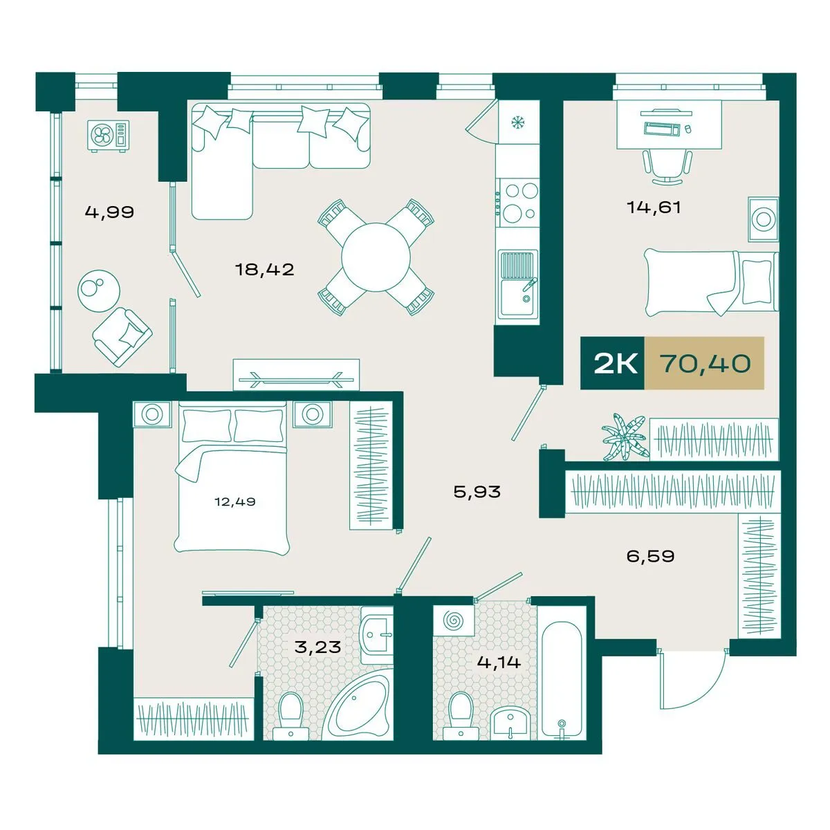 Планировка — 2-комнатная, 68.75 м²