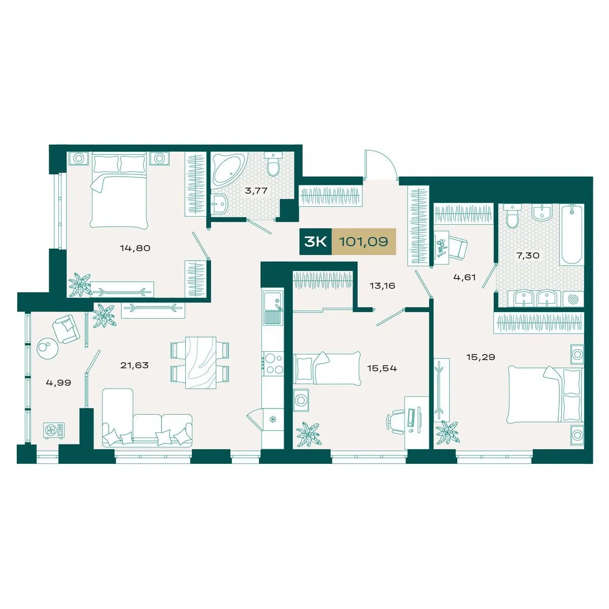 Планировка — 3-комнатная, 99.95 м²