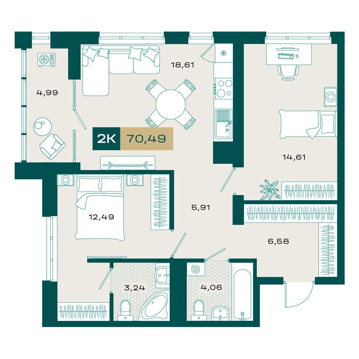 Планировка — 2-комнатная, 69.3 м²
