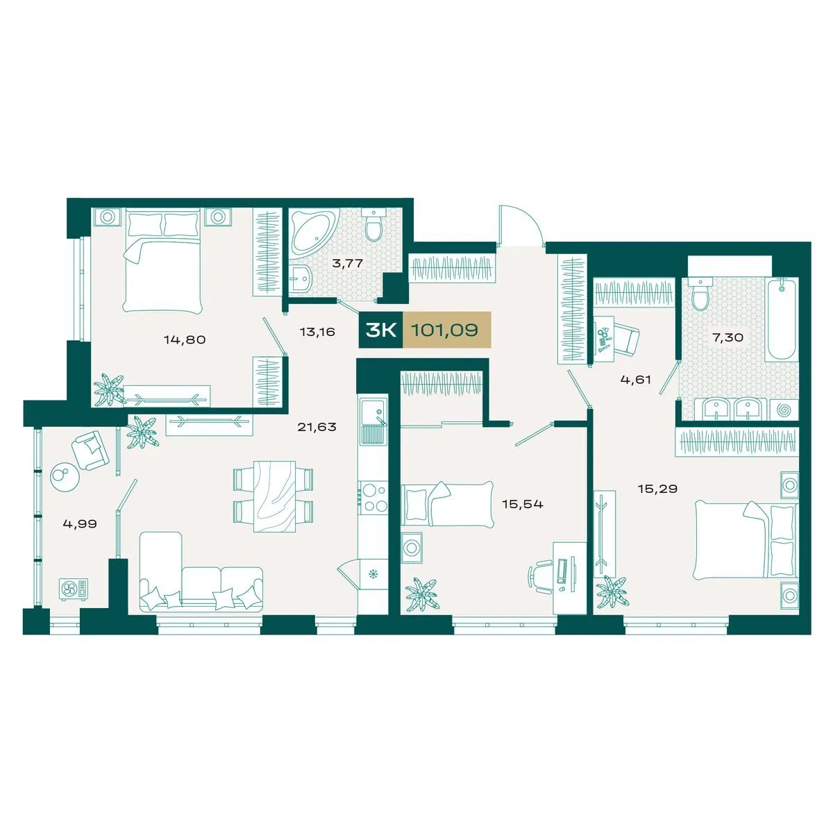 Планировка — 3-комнатная, 99.95 м²