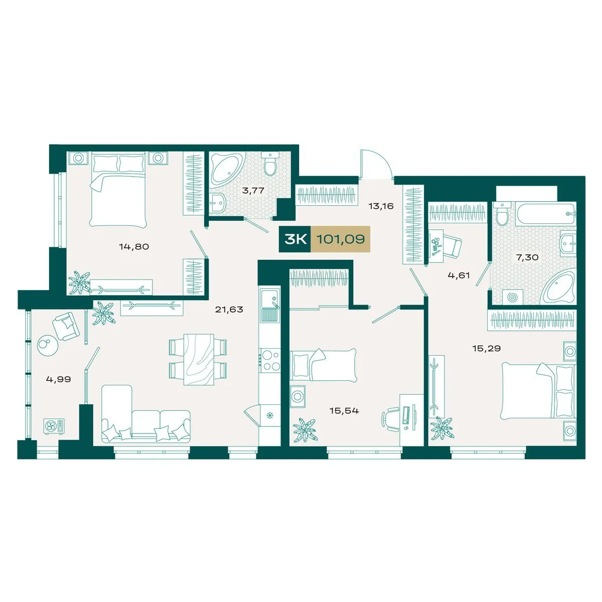 Планировка — 3-комнатная, 99.95 м²