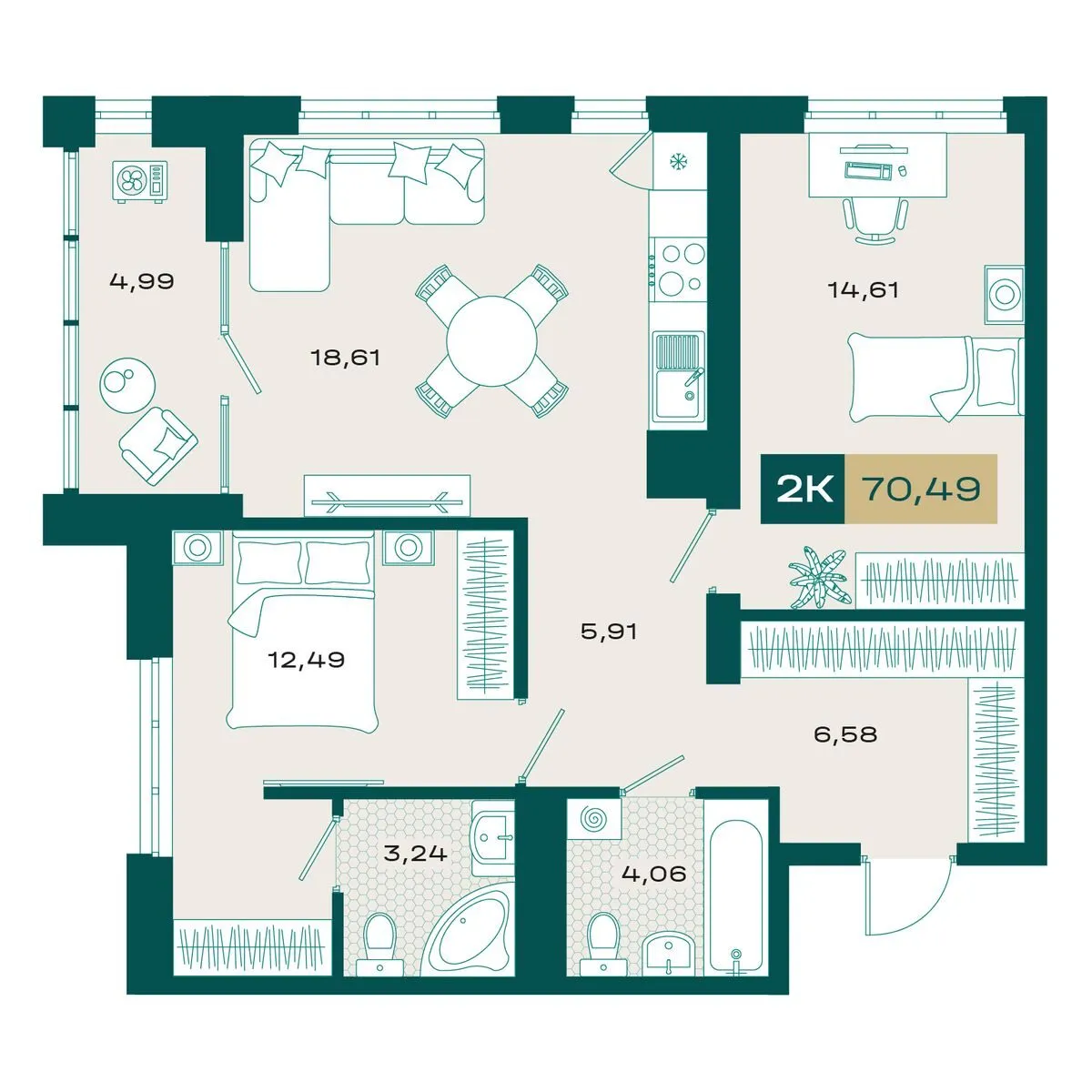 Планировка — 2-комнатная, 69.3 м²