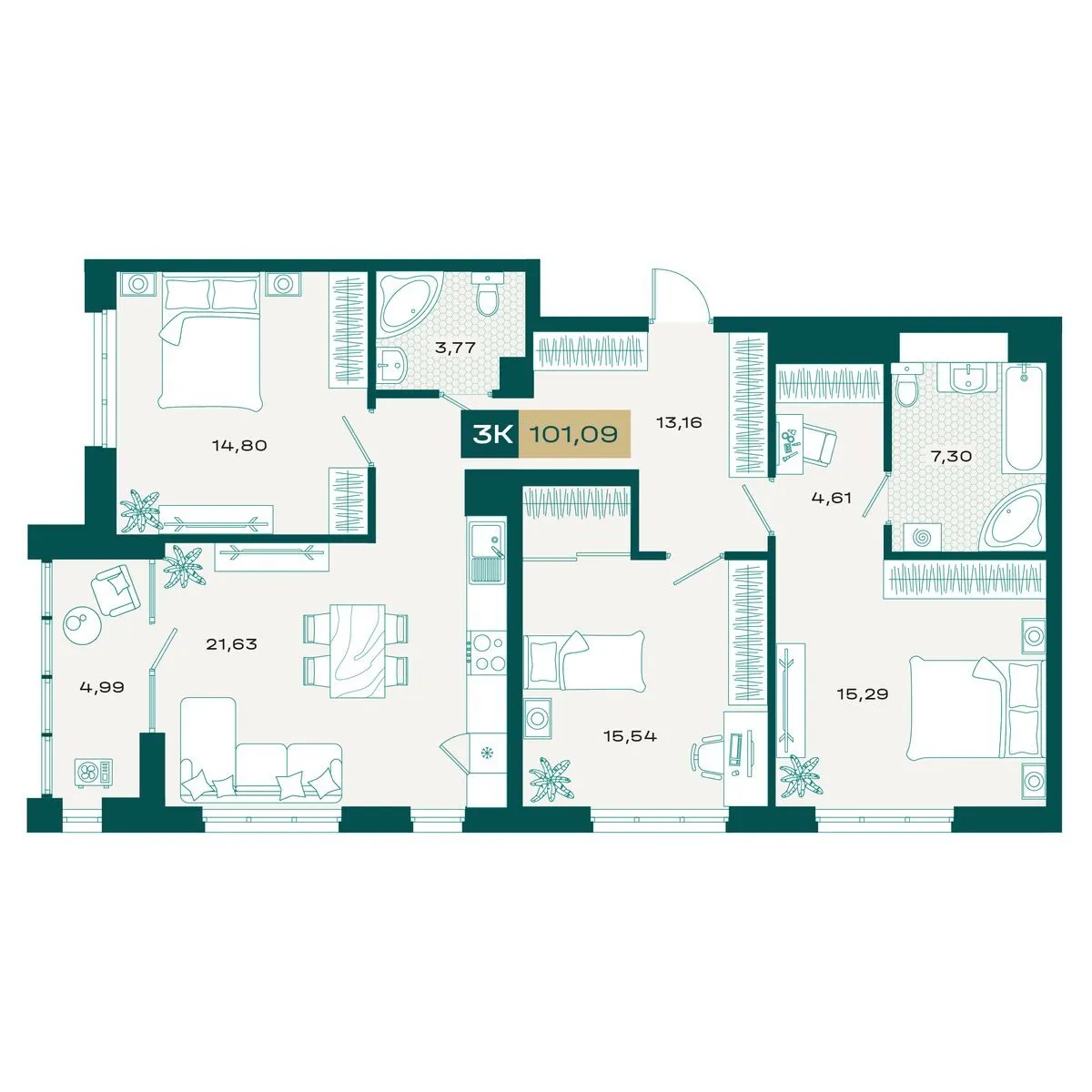 Планировка — 3-комнатная, 99.95 м²