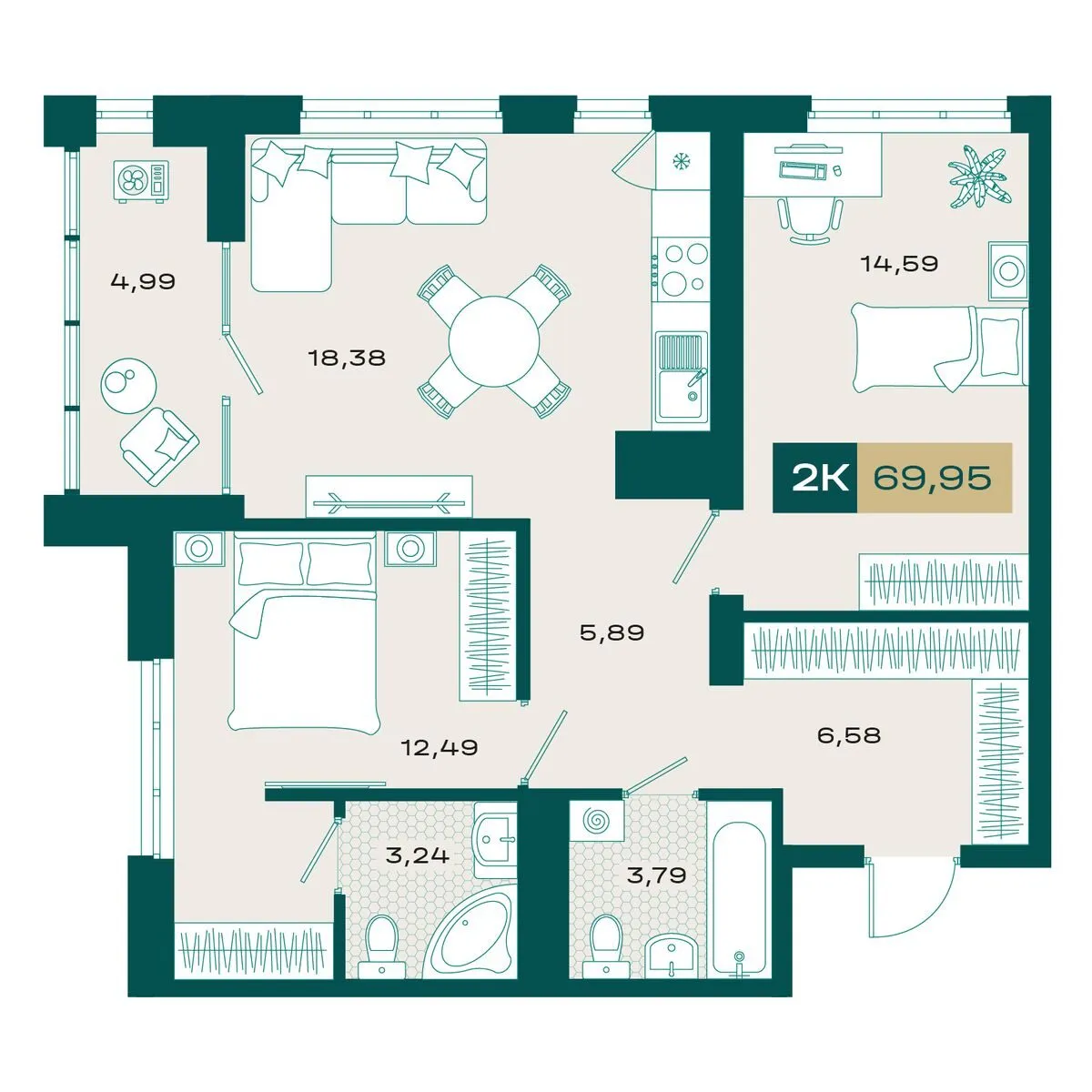 Планировка — 2-комнатная, 68.77 м²
