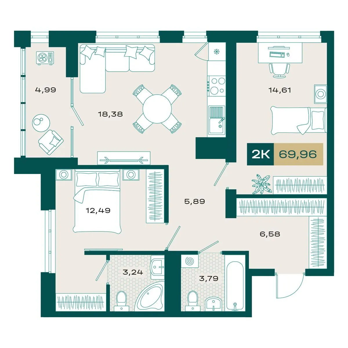 Планировка — 2-комнатная, 68.77 м²