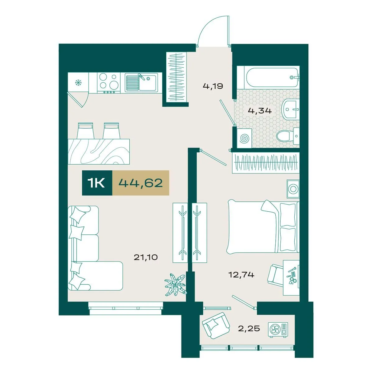Планировка — 1-комнатная, 43.91 м²
