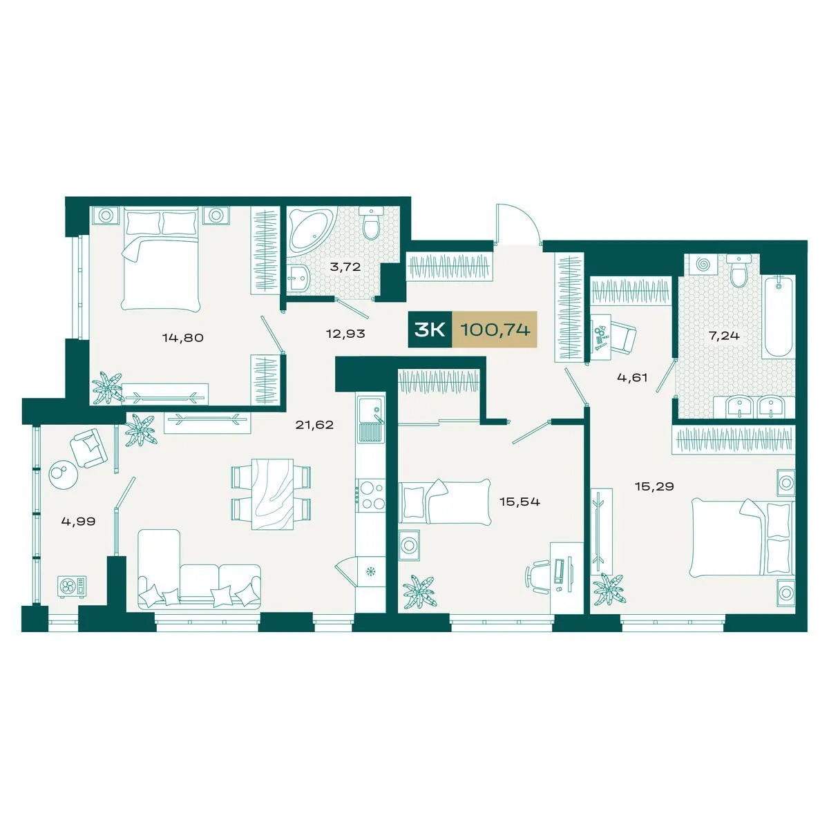 Планировка — 3-комнатная, 99.61 м²