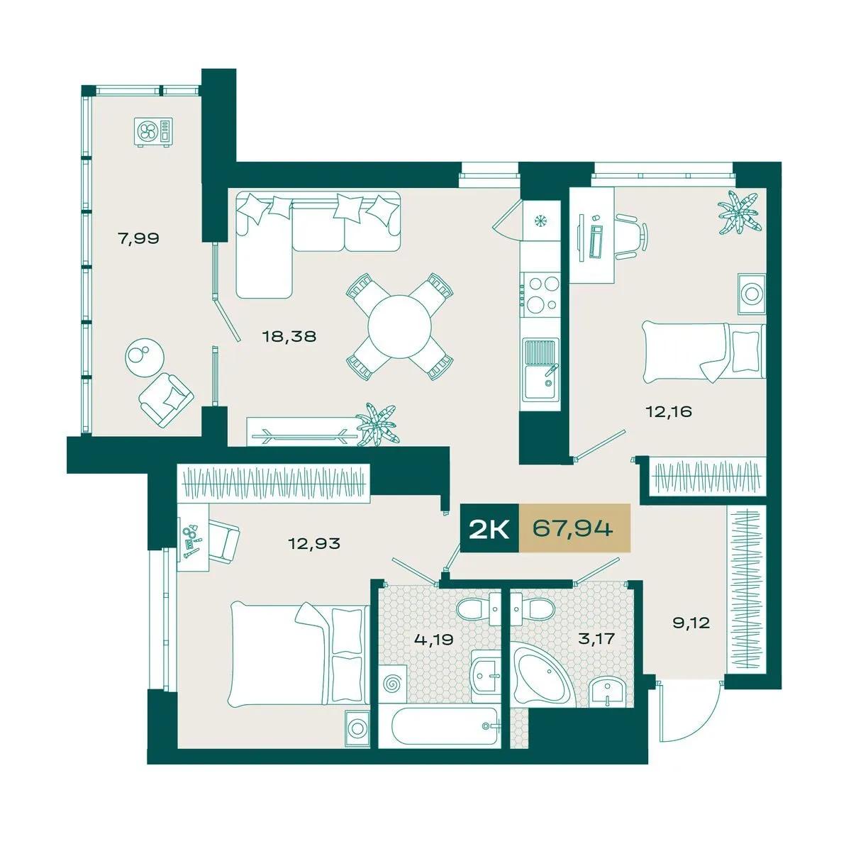 Планировка — 2-комнатная, 66.6 м²