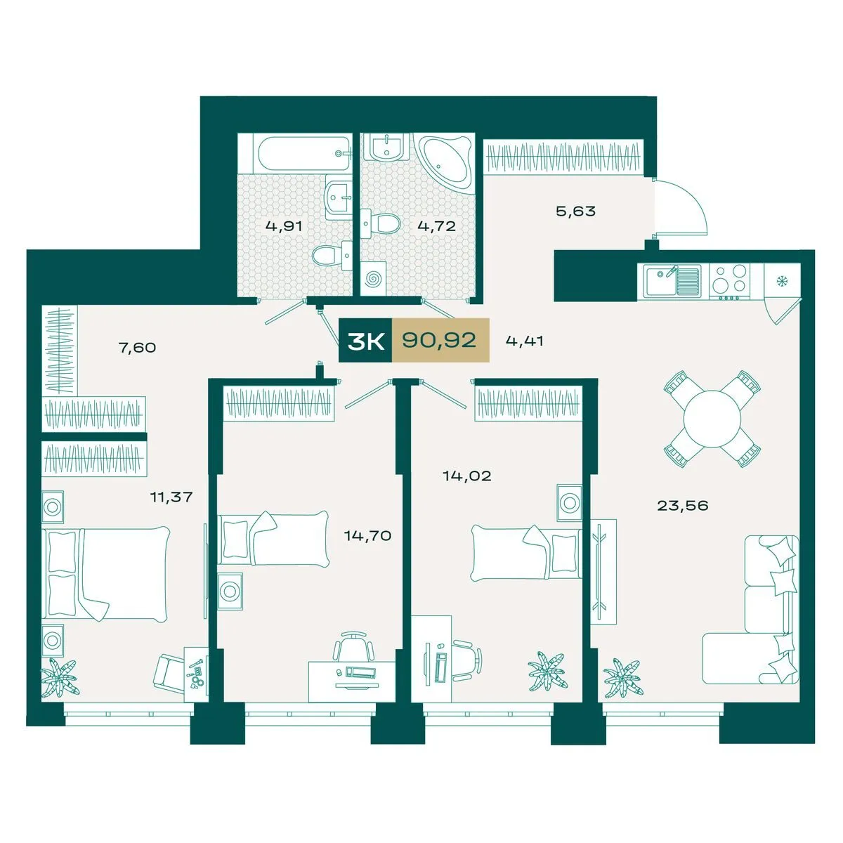 Планировка — 3-комнатная, 90.85 м²