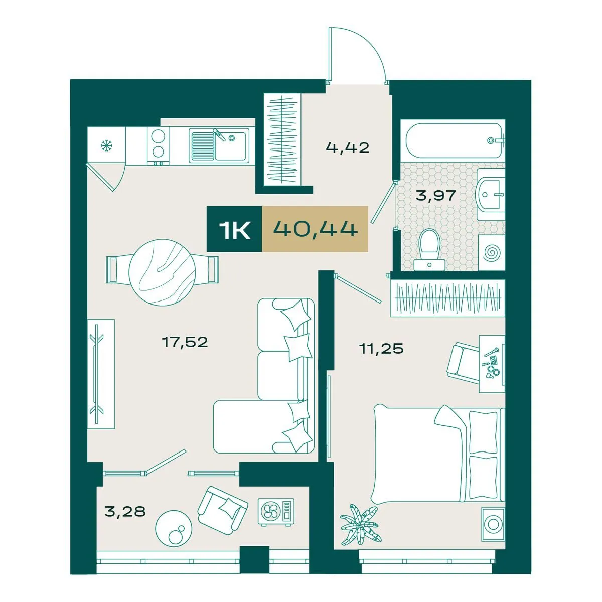 Планировка — 1-комнатная, 39.5 м²