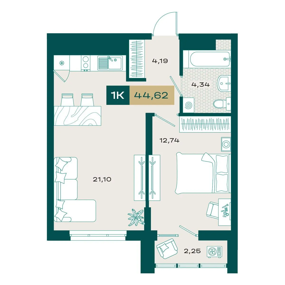 Планировка — 1-комнатная, 43.91 м²