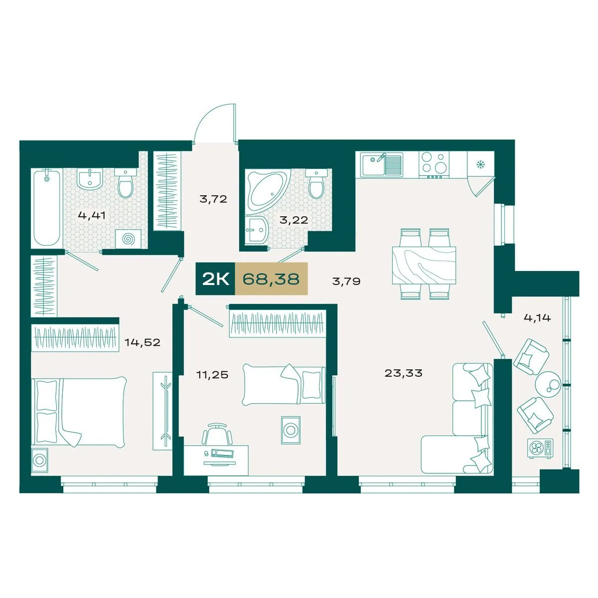 Планировка — 2-комнатная, 67.42 м²