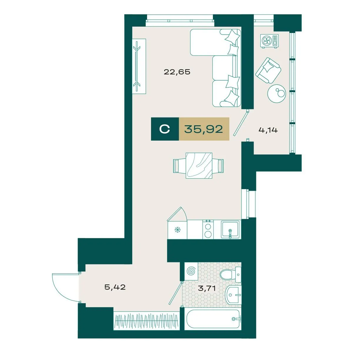 Планировка — Студия, 34.83 м²