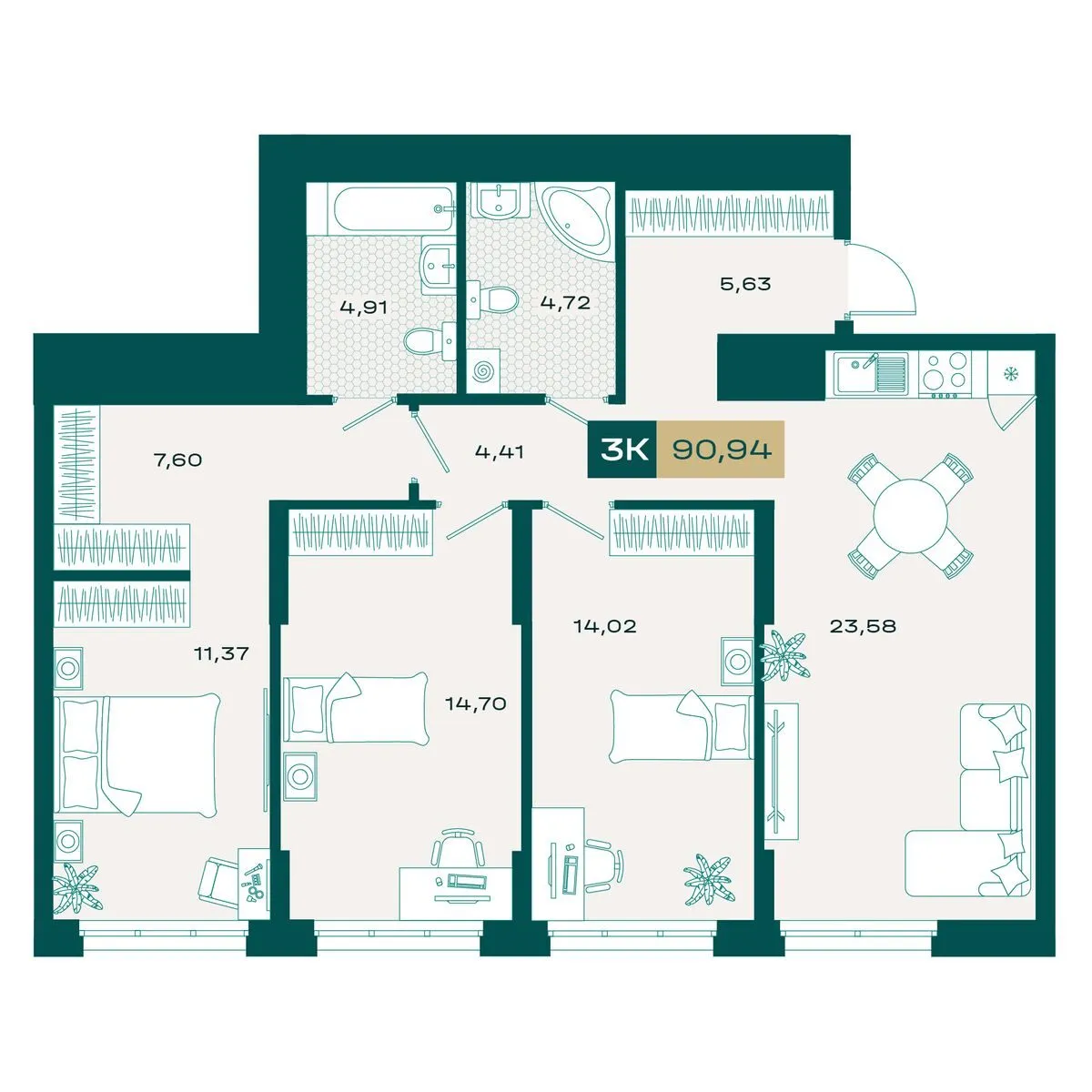 Планировка — 3-комнатная, 90.85 м²