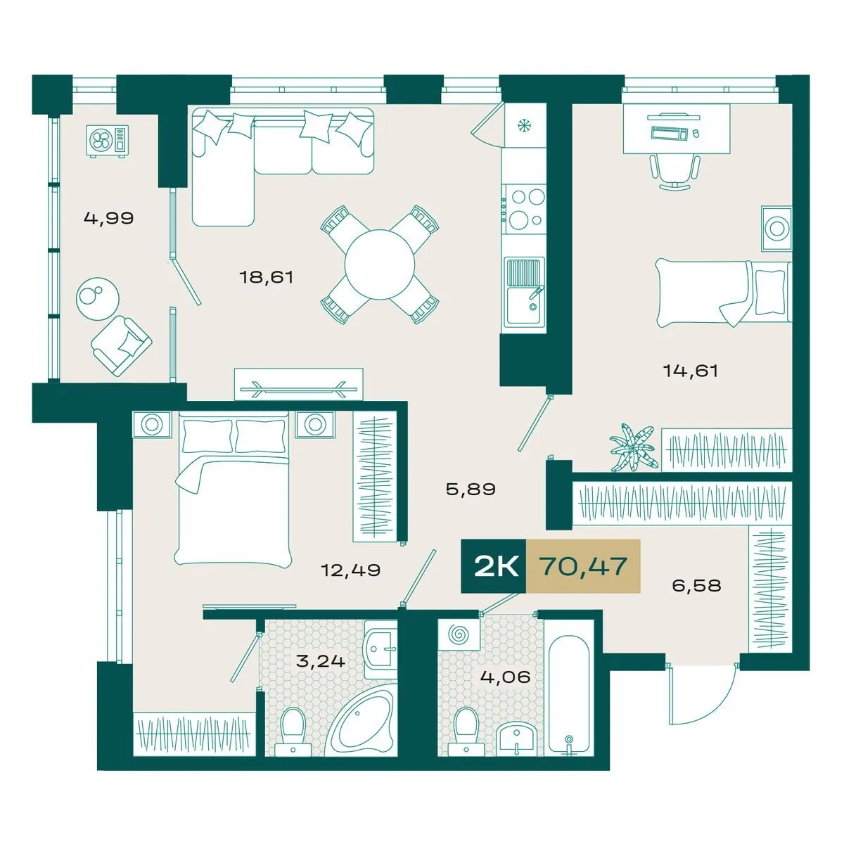Планировка — 2-комнатная, 69.28 м²