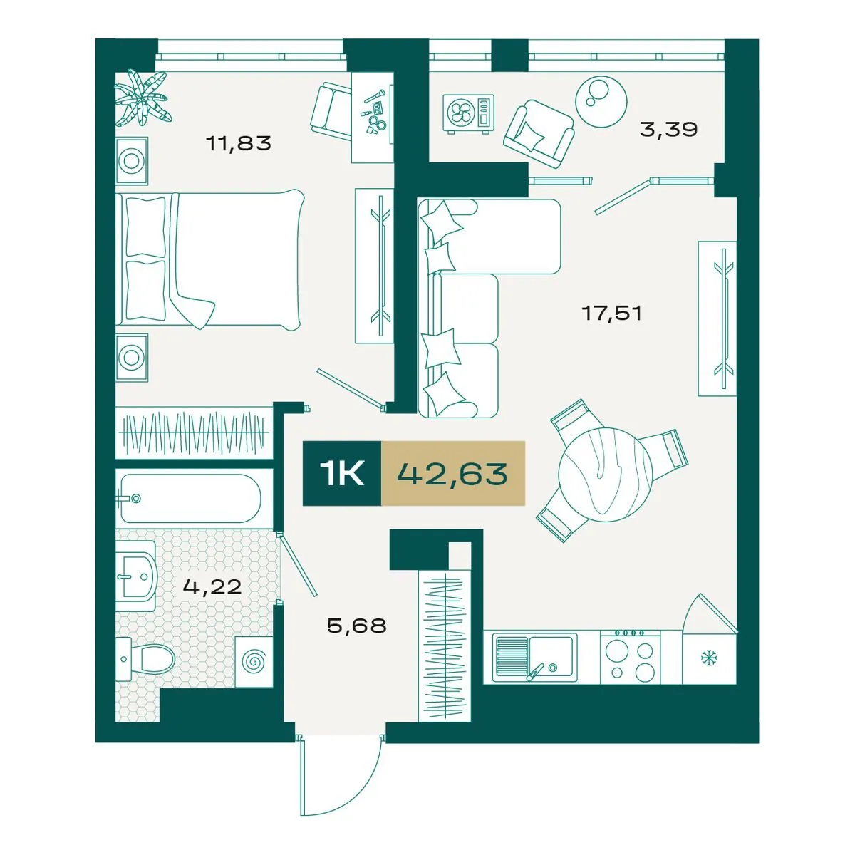 Планировка — 1-комнатная, 41.79 м²