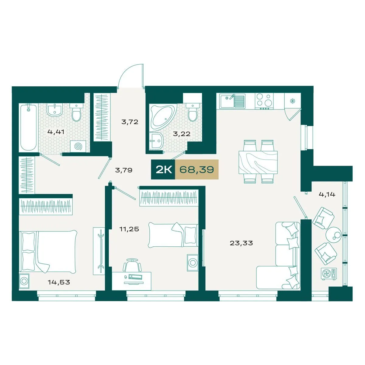 Планировка — 2-комнатная, 67.44 м²