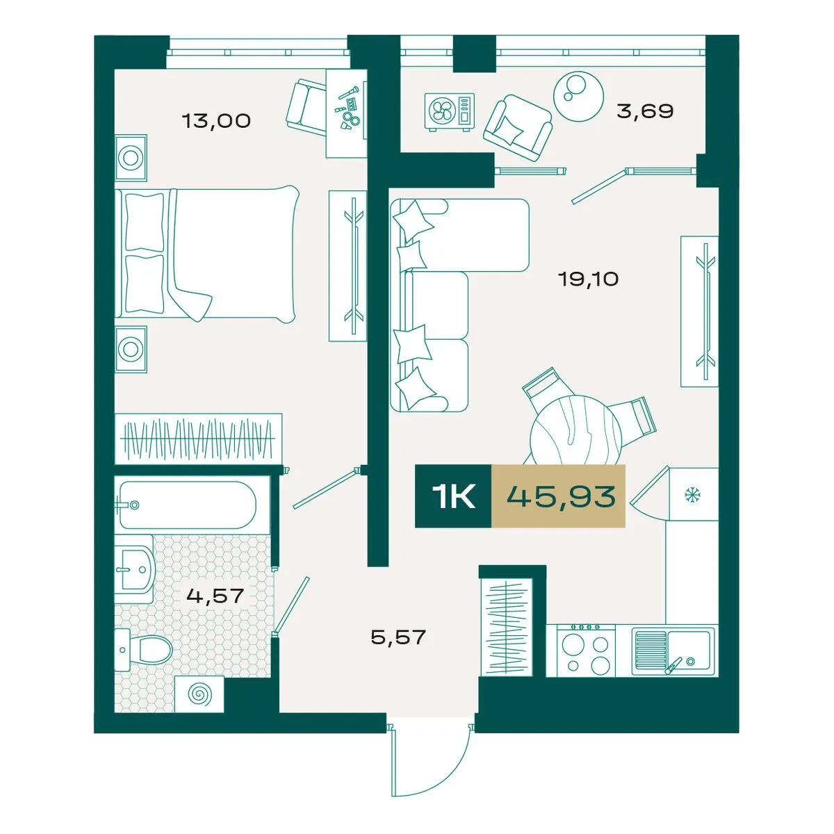 Планировка — 1-комнатная, 45.2 м²