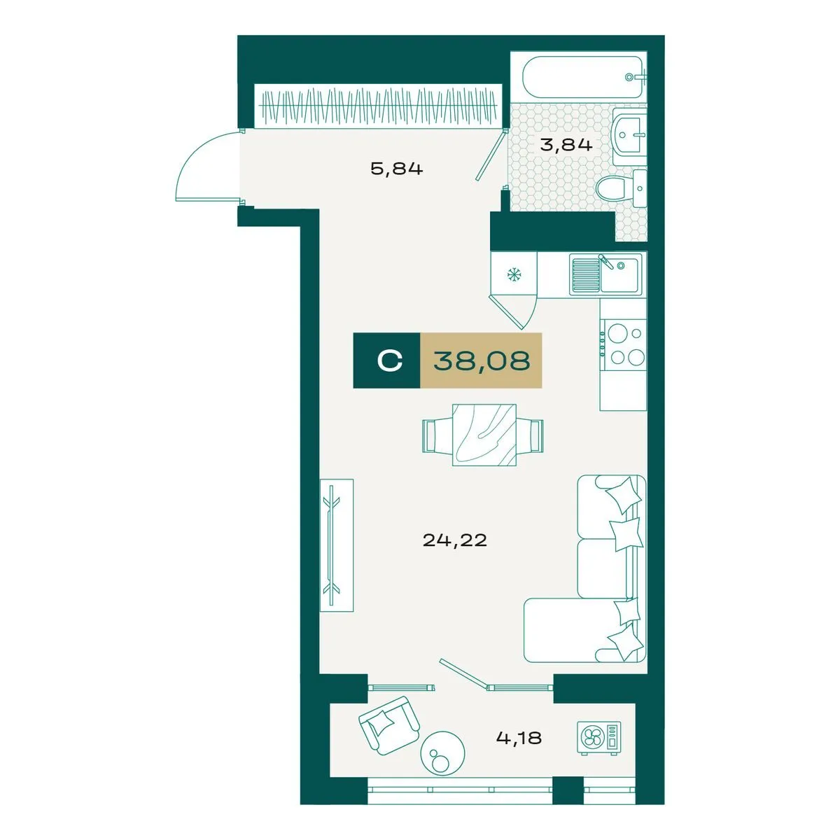 Планировка — Студия, 37.39 м²