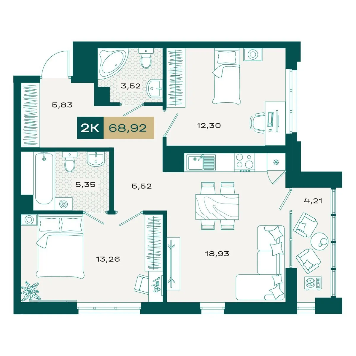 Планировка — 2-комнатная, 68.16 м²