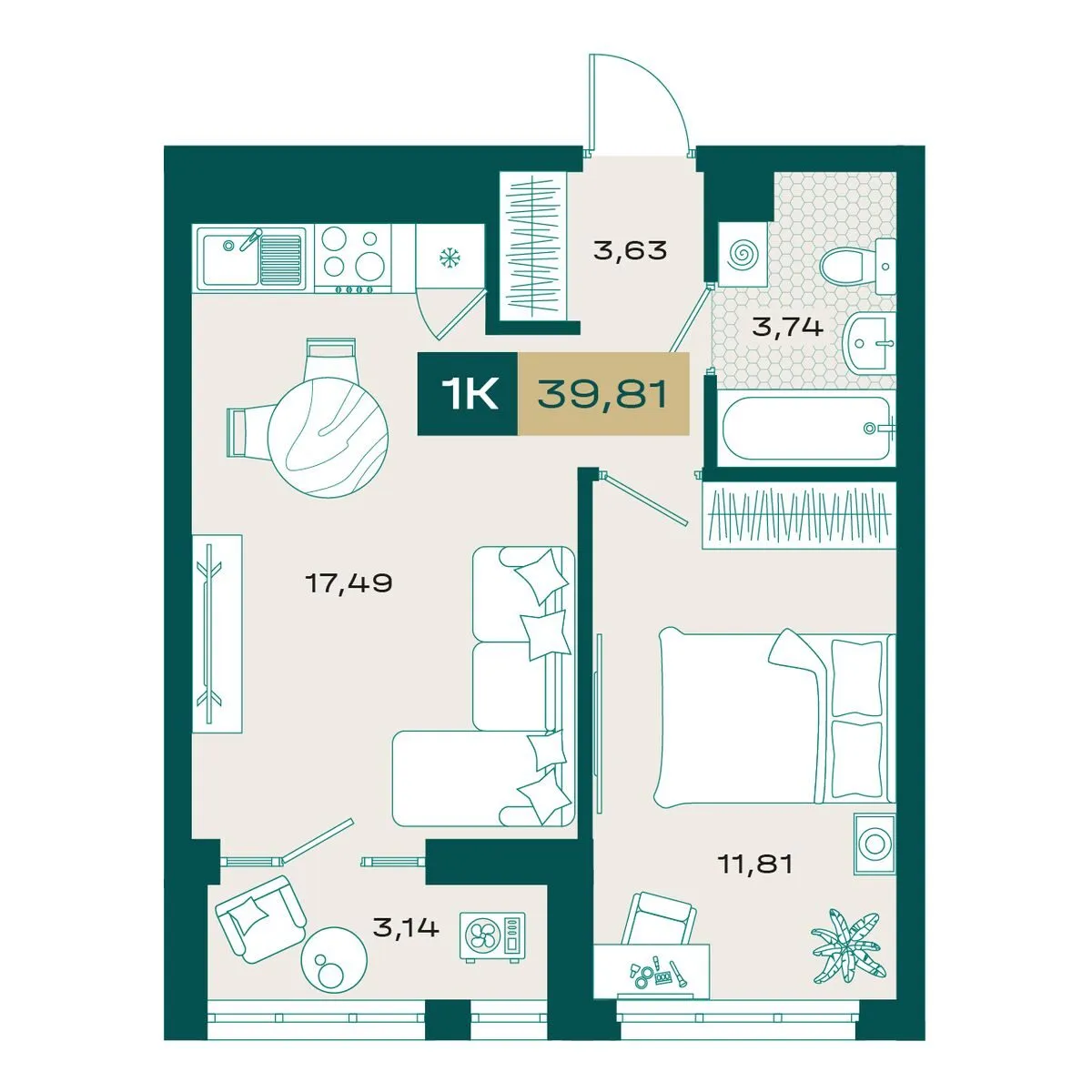 Планировка — 1-комнатная, 38.98 м²
