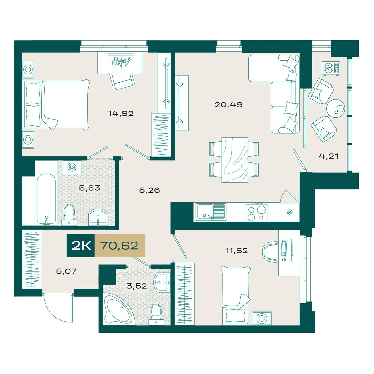 Планировка — 2-комнатная, 69.87 м²
