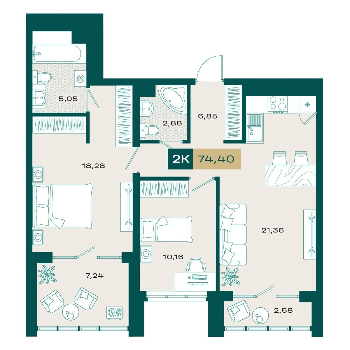 Планировка — 2-комнатная, 74.16 м²