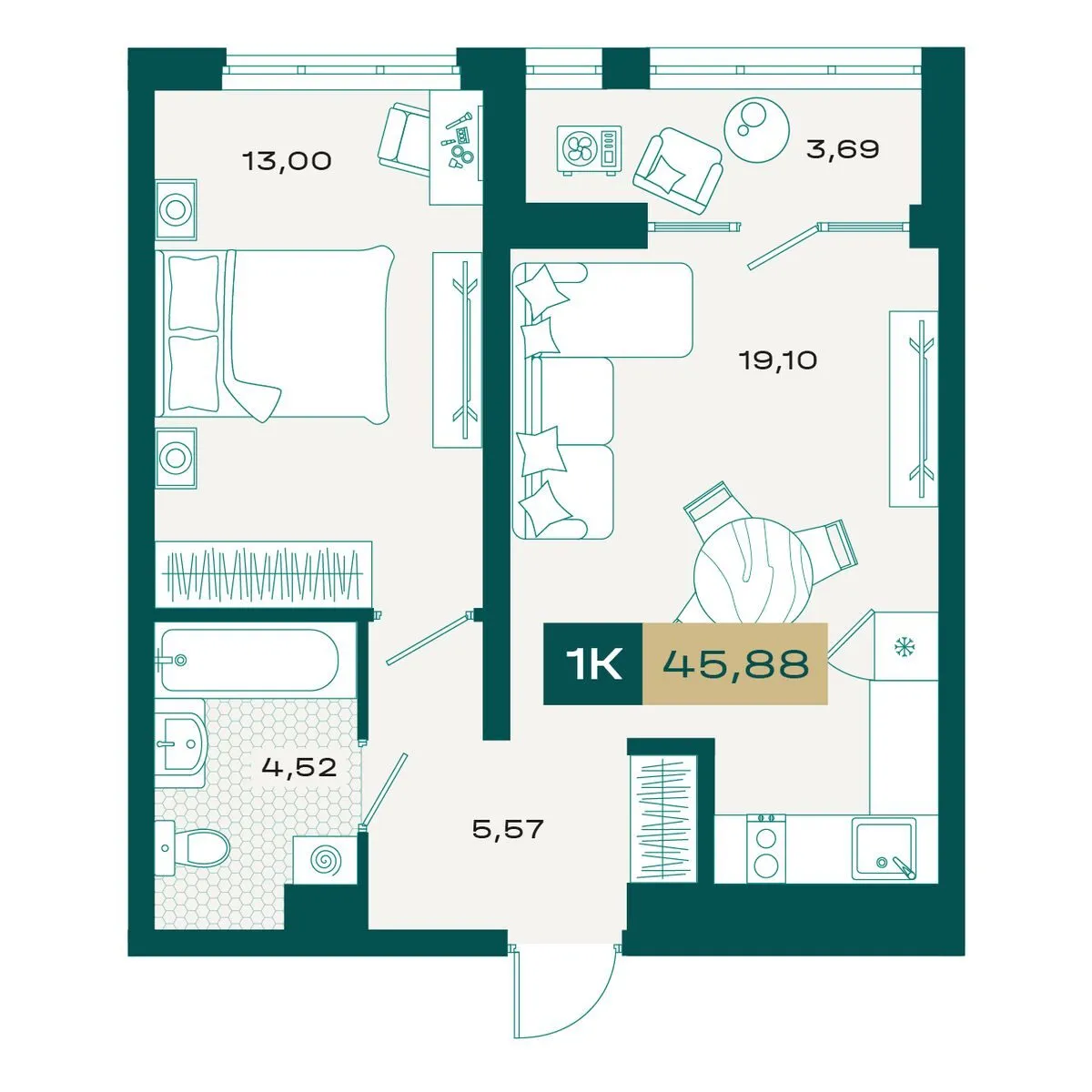 Планировка — 1-комнатная, 45.14 м²