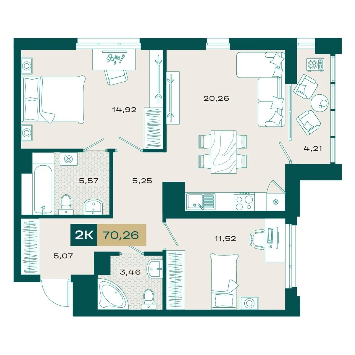 Планировка — 2-комнатная, 69.51 м²